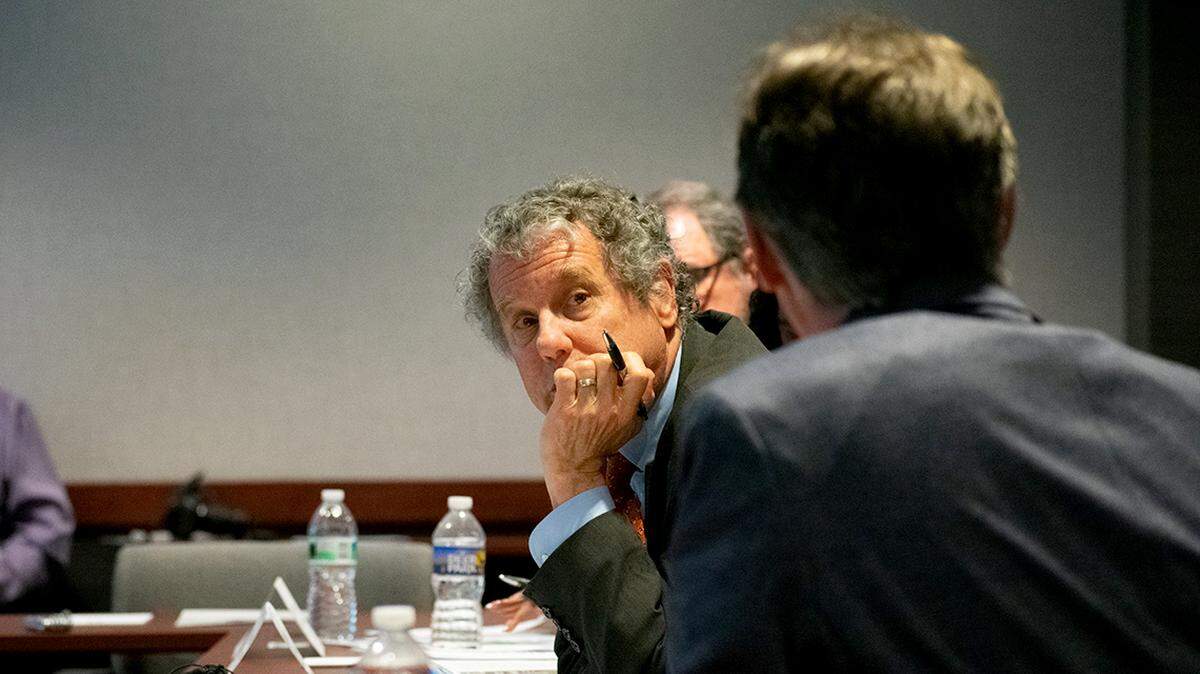 U.S. Sen. Sherrod Brown of Cleveland, D-Ohio, meets with Mahoning Valley officials during a roundtable discussion on infrastructure priorities Friday, June 3, 2022, at Eastgate Regional Council of Governments in Youngstown, Ohio.