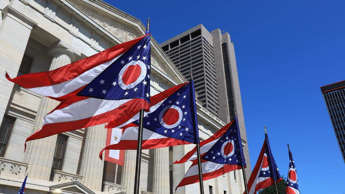 State flags are seen at the Ohio Statehouse in Columbus.