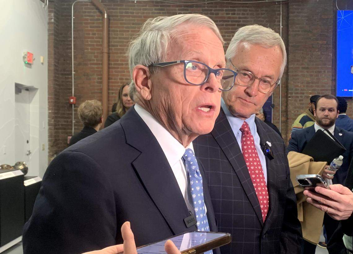 Ohio Gov. Mike DeWine and Lt. Gov. Jim Tressel at America Makes in Youngstown to announce the Youngstown Innovation Hub for Aerospace and Defense.