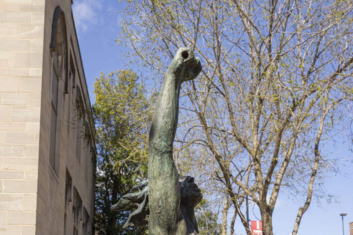 Here is a close-up view of the sculpture hand with the missing spear at Butler Institute of American Art.