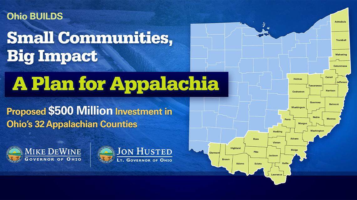 A map of Ohio's 32 Appalachian counties.