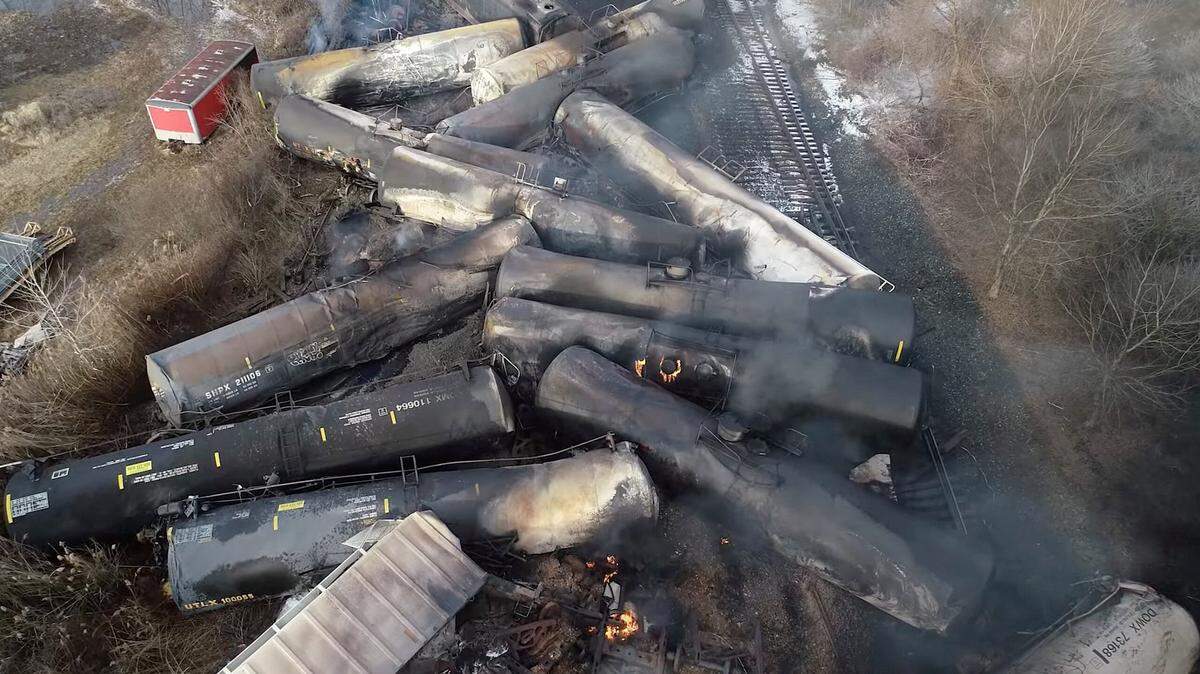Drone footage showed the freight train derailment in East Palestine, Ohio, on Feb. 6, 2023.