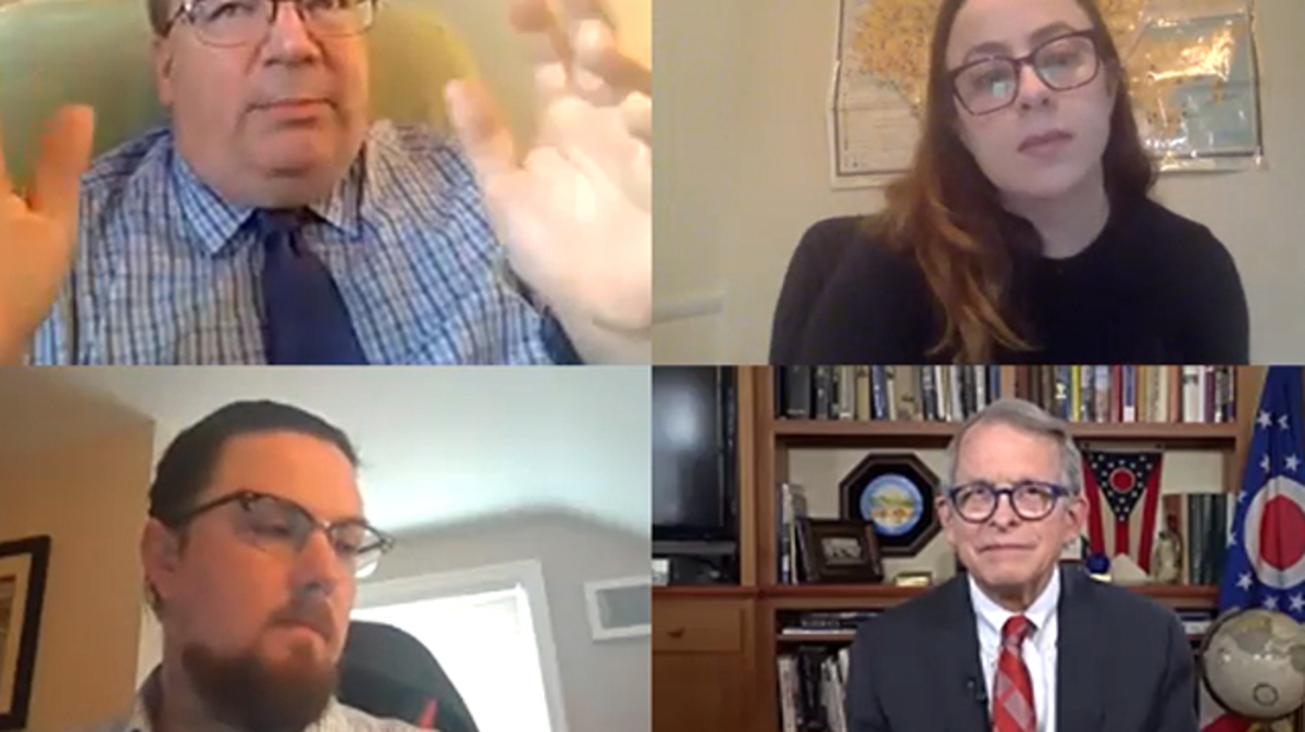 Clockwise, from bottom left: Mahoning Matters reporter Justin Dennis, editor Mark Sweetwood, and reporter Jess Hardin interview Gov. Mike DeWine on Ohio's coronavirus pandemic response on Wednesday, Dec. 9, 2020.