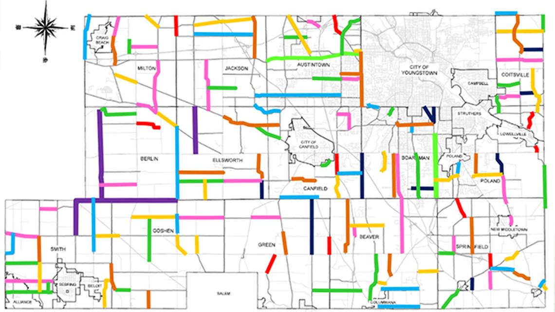 Shown here are the road paving projects Mahoning County officials expect to do over the lifespan of a proposed five-year sales tax. This map also shows roads scheduled for resurfacing through other grant programs.