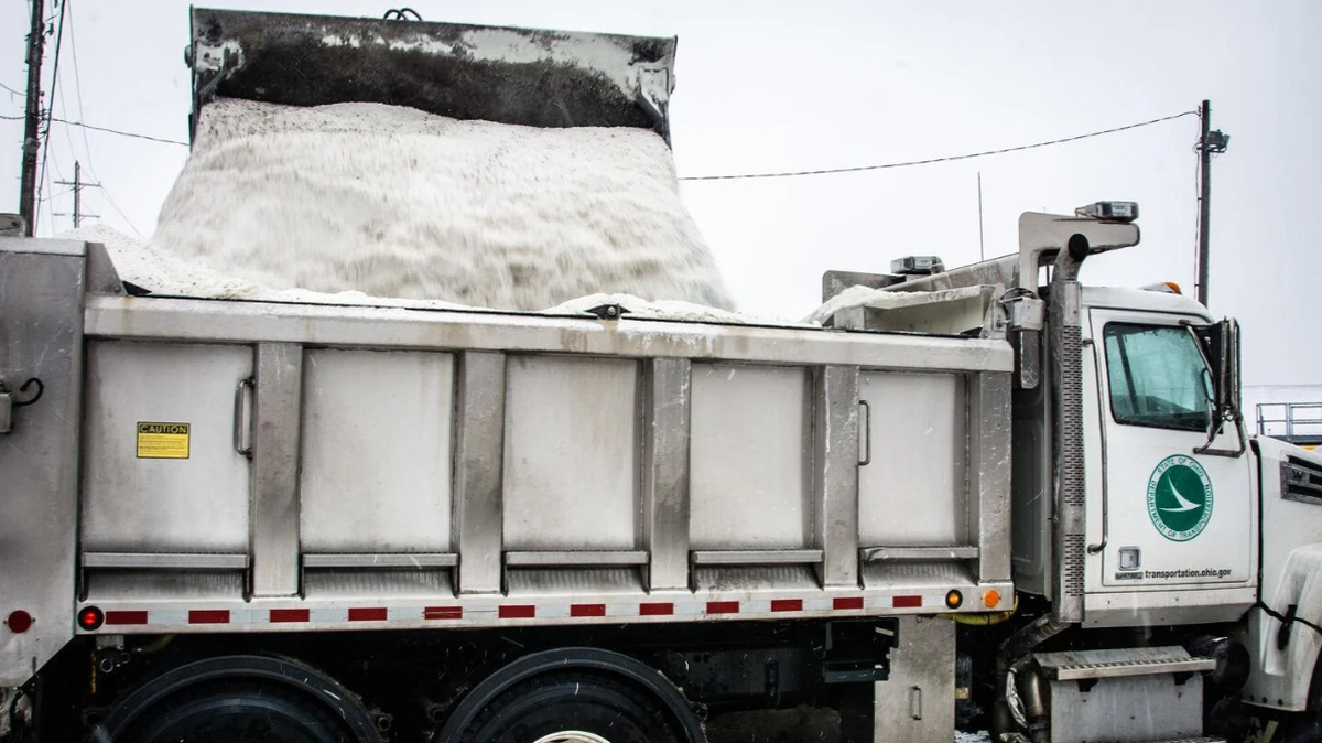 Road salt is loaded into an Ohio Department of Transportation truck.