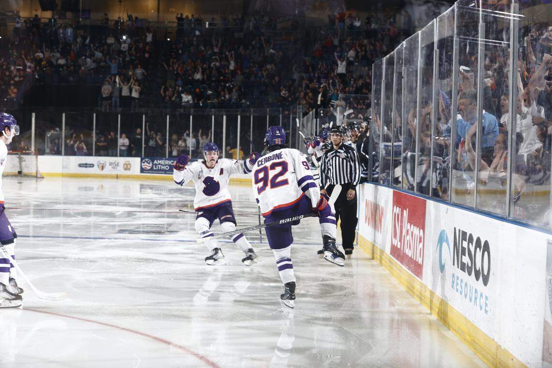 Andone Cerbone celebrates after scoring the game-winning goal for the Youngstown Phantoms.