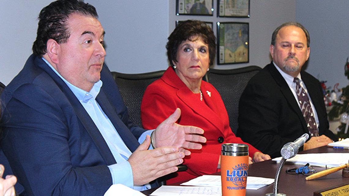 Mahoning County commissioners Anthony Traficanti (left), Carol Rimedio-Righetti (center) and David Ditzler discussed departmental highlights of 2019 and their focuses heading into 2020 during their last meeting of the year Monday, Dec. 30, 2019 at the Mahoning County Courthouse. (Justin Dennis | Mahoning Matters)