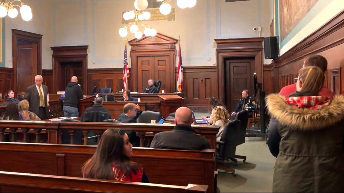 Mahoning County Common Pleas Court Judge John Durkin (rear) presides over the court’s drug court specialized docket at the Mahoning County Courthouse in Youngstown.