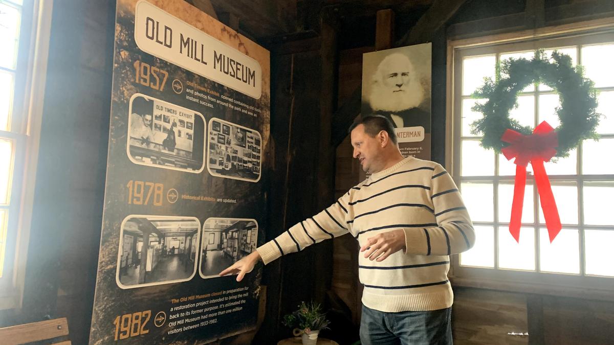 Eric Simione, manager of Lanterman’s Mill in Youngstown, walks through the history and how things work years later at the still-operational gristmill on Canfield Road in Youngstown.