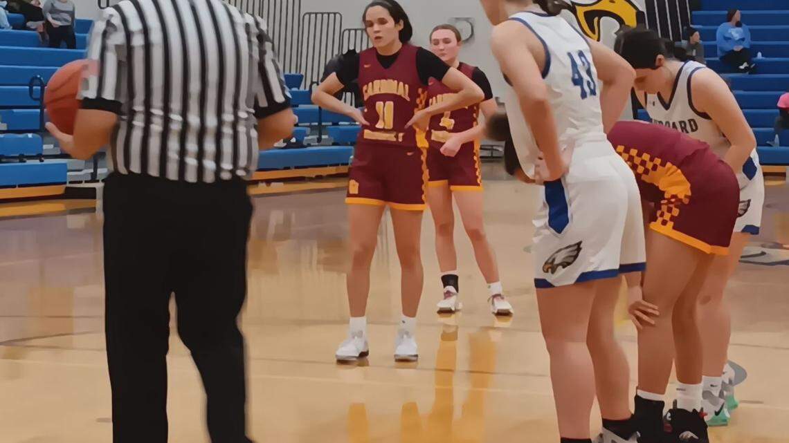 Youngstown Cardinal Mooney standout Sophia Diorio (11) gets set to shoot a free throw during Thursday night’s high school girls’ basketball game at Hubbard. Diorio took game-scoring honors with 26 points as the Cardinals won, 48-26.