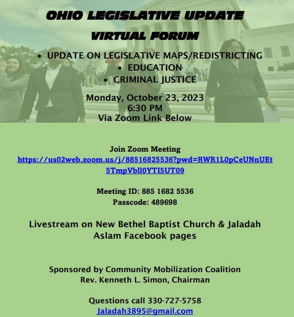 Click the Zoom Meeting link to join at 6:30 p.m. or find the live stream on New Bethel Baptist Church Facebook page.