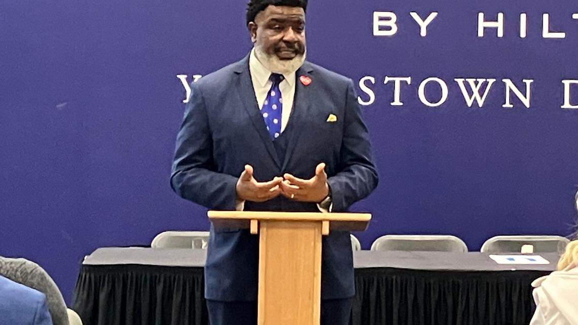 Youngstown Mayor Tito Brown speaks Wednesday at a press conference at the Covelli Centre to talk about the upcoming Hope Conference in Youngstown