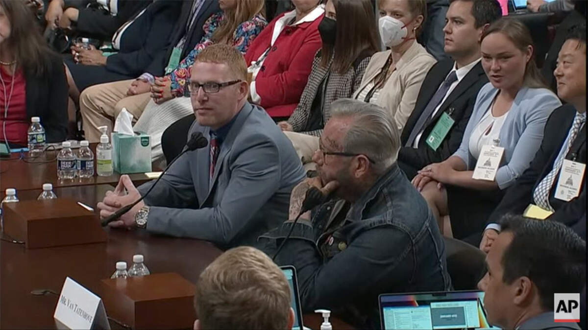 Stephen Ayres of Champion (left), and Jason Van Tatenhove, a former member of the Oath Keepers, a far-right militia group, appear before the Select Committee to Investigate the January 6th Attack on the United States Capitol on July 12, 2022, in Washington.