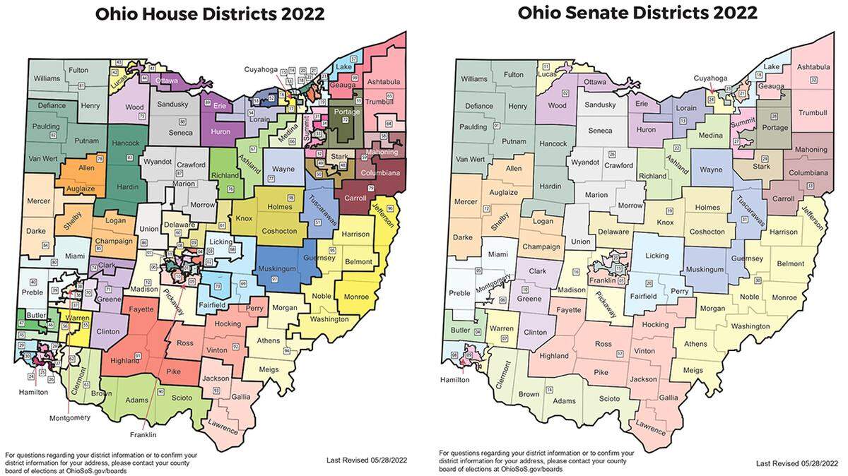 Shown here are the Ohio legislative district maps that will be in place for the state’s special primary election, which will include state legislative races and central committee races and must be held on Aug. 2, per a federal court order. These district maps were previously invalidated by the Ohio Supreme Court for being gerrymandered to favor Republican candidates.