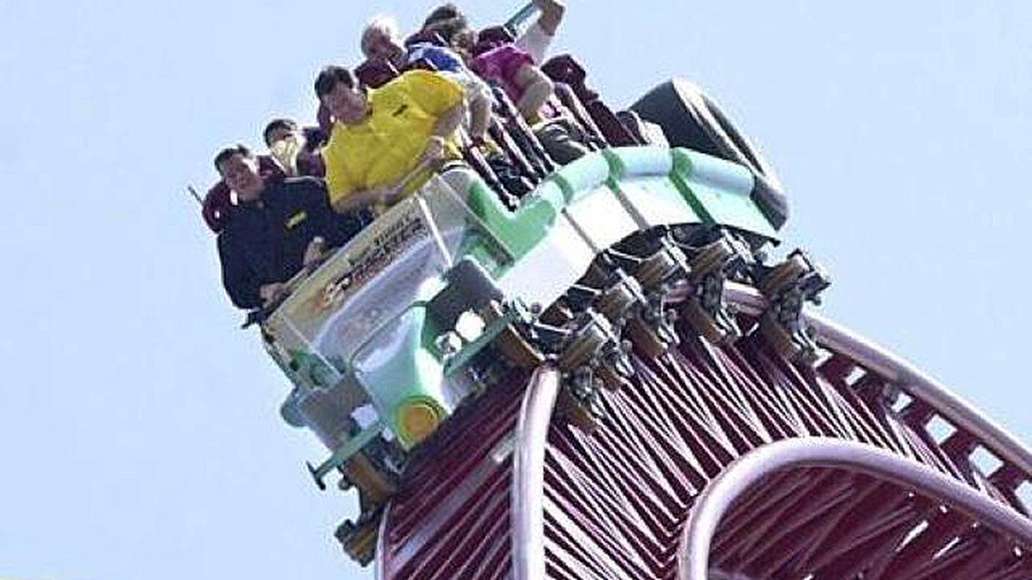 This May 1, 2003, file photo shows the green train on Cedar Point's Top Thrill Dragster in Sandusky. (Daniel Miller | The Sandusky Register via AP)