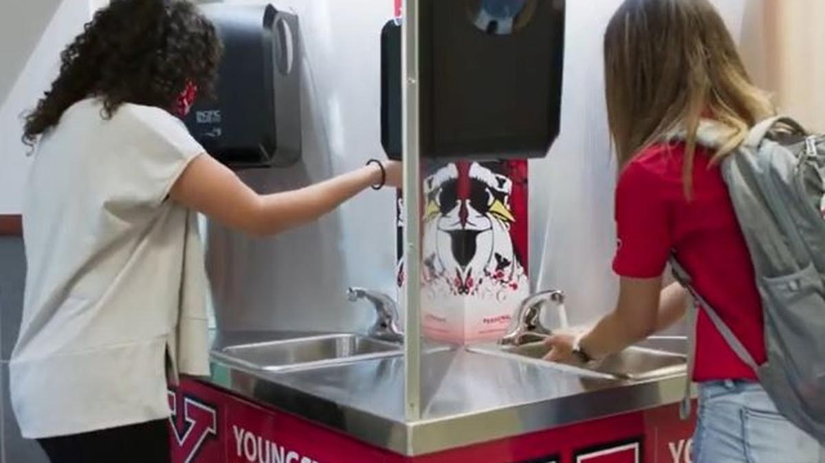 Youngstown State University ordered and deployed 10 Personal Protected handwashing units across its campus. (Image captured from video, courtesy of Jeff Swartz)