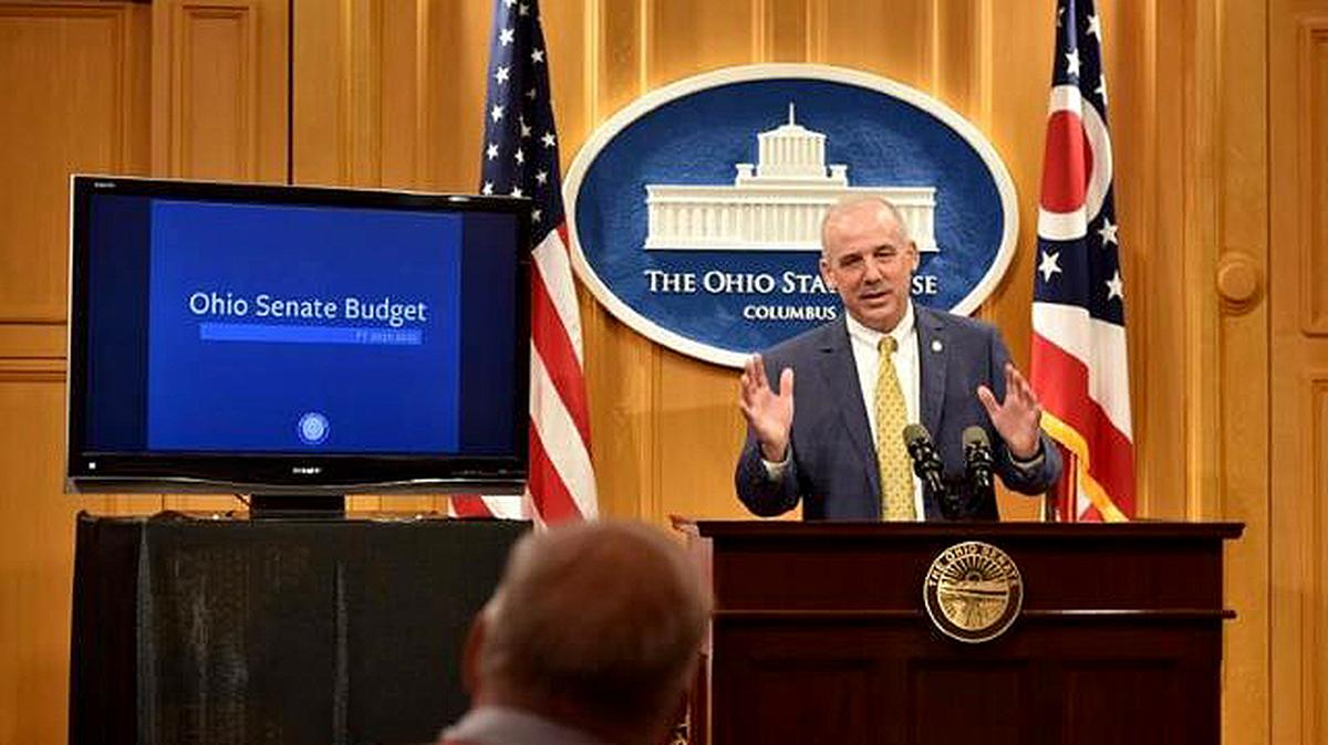 Ohio Senate President Matt Huffman, R-Lima, unveils the Senate's budget proposal at a news conference in Columbus on June 1. (Photo courtesy of the Ohio Senate)