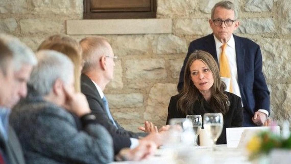 Ohio Gov. Mike DeWine stands behind Ohio Department of Health Director Amy Acton Wednesday, March 4, 2020, at a meeting of a group of health advisors as part of the state’s coronavirus response.
(Courtesy of the office of Gov. Mike DeWine)