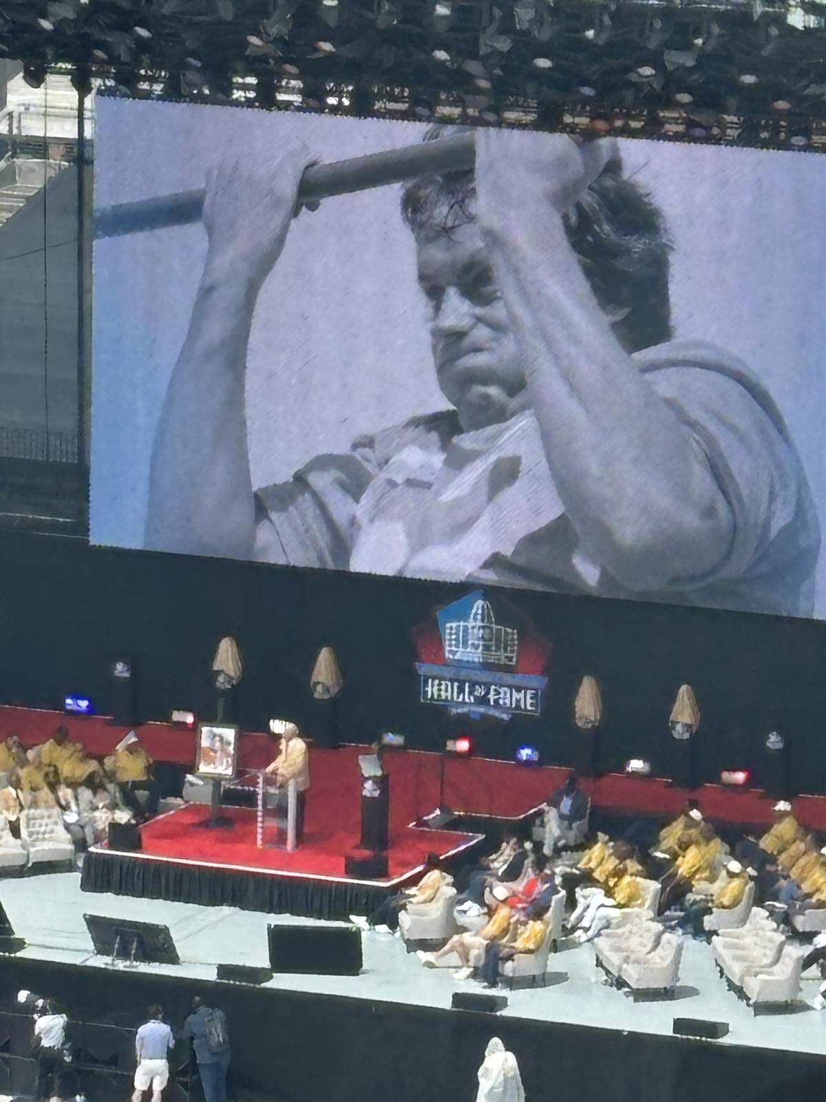 Randy Gradishar speaks during his induction to the Pro Football Hall of Fame.