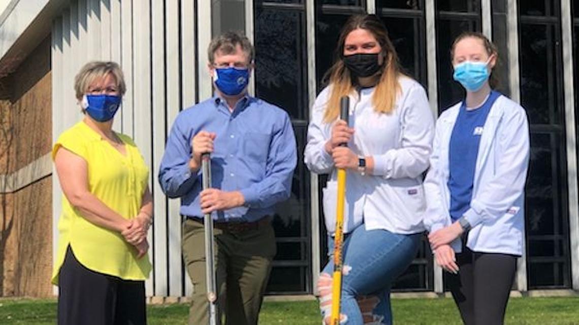 Kent State Trumbull has added a Mindfulness Walk. From left are Alice Colwell, associate lecturer; Dr. Daniel Palmer, interim dean and chief administrative officer; and nursing students Brooke Francis and Brittany Snyder.

