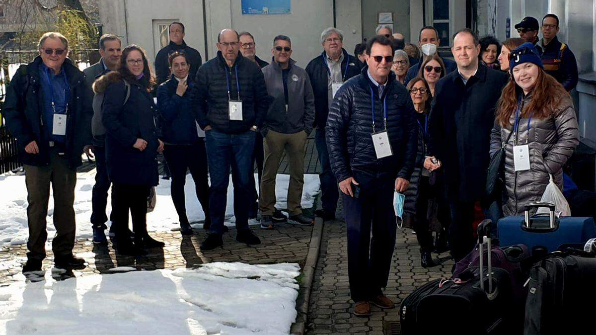 Shown here are dozens of Jewish Federation of North America leaders who traveled to Poland on April 1, 2022, to bring humanitarian aid to Ukrainian refugees.