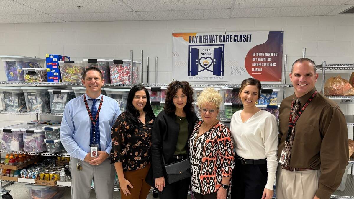 (left to right) Dave Vecchione, principal at Struthers Middle School, Kielly Rapp, director of Early Learning at United Way, Donors Sherry Bernat and Cindy Buchenic (Bernat), Tina Chance, Director of Resource Development at United Way and Pete Pirone, Struthers City Schools superintendent at Struthers Middle School’s new Ray Bernat Care Closet.