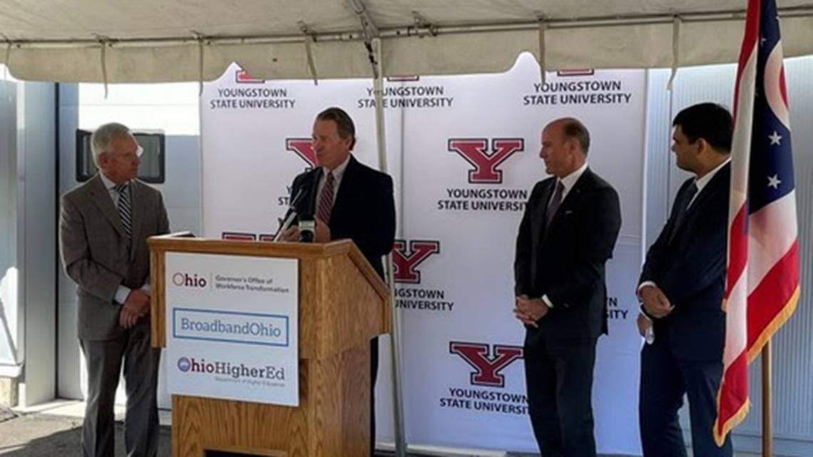Lt. Gov. Jon Husted (center) delivers an address on the state’s Broadband and 5G Sector Partnership Grant as well as new telecommunications workforce readiness programs at Youngstown State University in 2021.