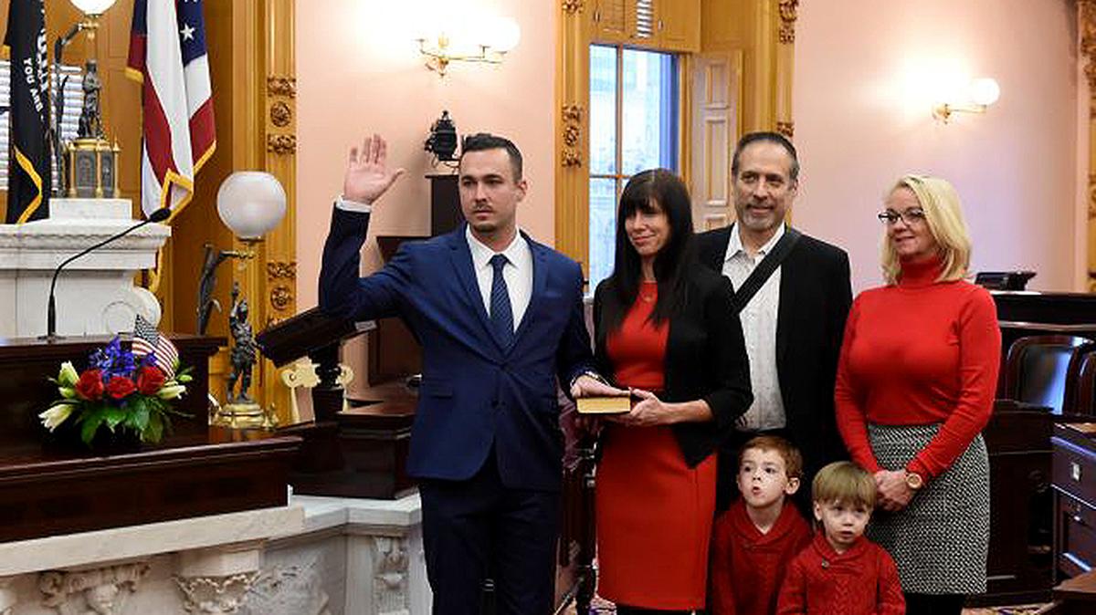 State Rep. Mike Loychik, R-Bazetta, left, is officially sworn in as the state representative for the 63rd Ohio House District. (Contributed photo)