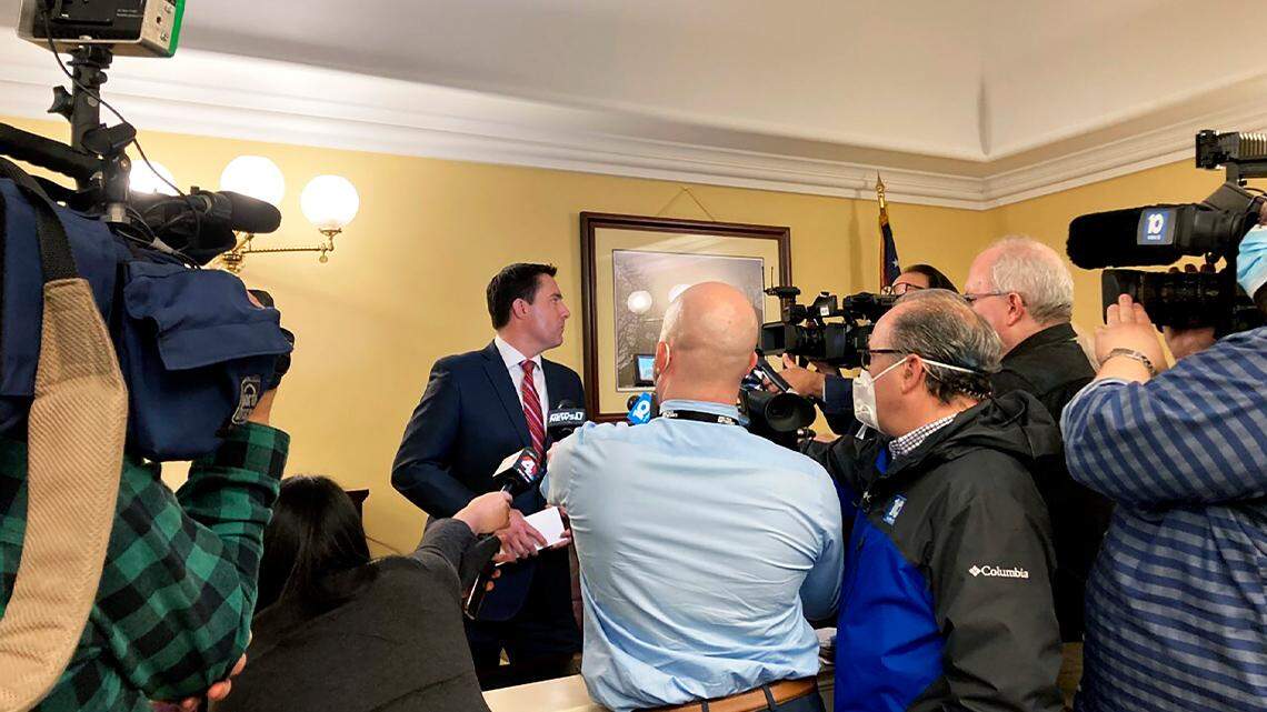 Ohio Secretary of State Frank LaRose speaks to reporters after a meeting of the Ohio Redistricting Commission on Feb. 23, 2022, at the Ohio Statehouse in Columbus.