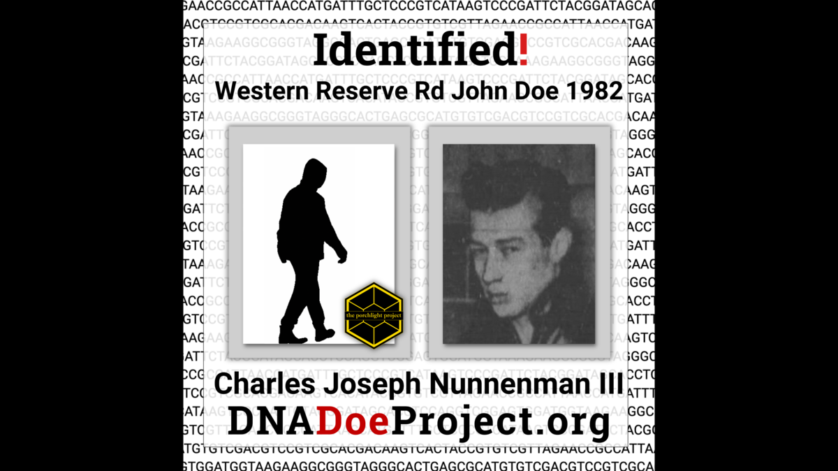 The DNA Doe Project identified Western Reserve Road John Doe as a man found in a 1982 Boardman, Ohio crash, solved through genealogical DNA and public database matches.