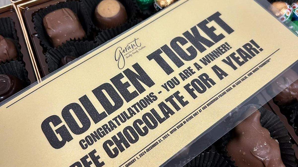 Ten winners will find a golden ticket, unlocking free chocolate for a whole year, inside their chocolate assortment from the two Gorant Chocolatier locations.