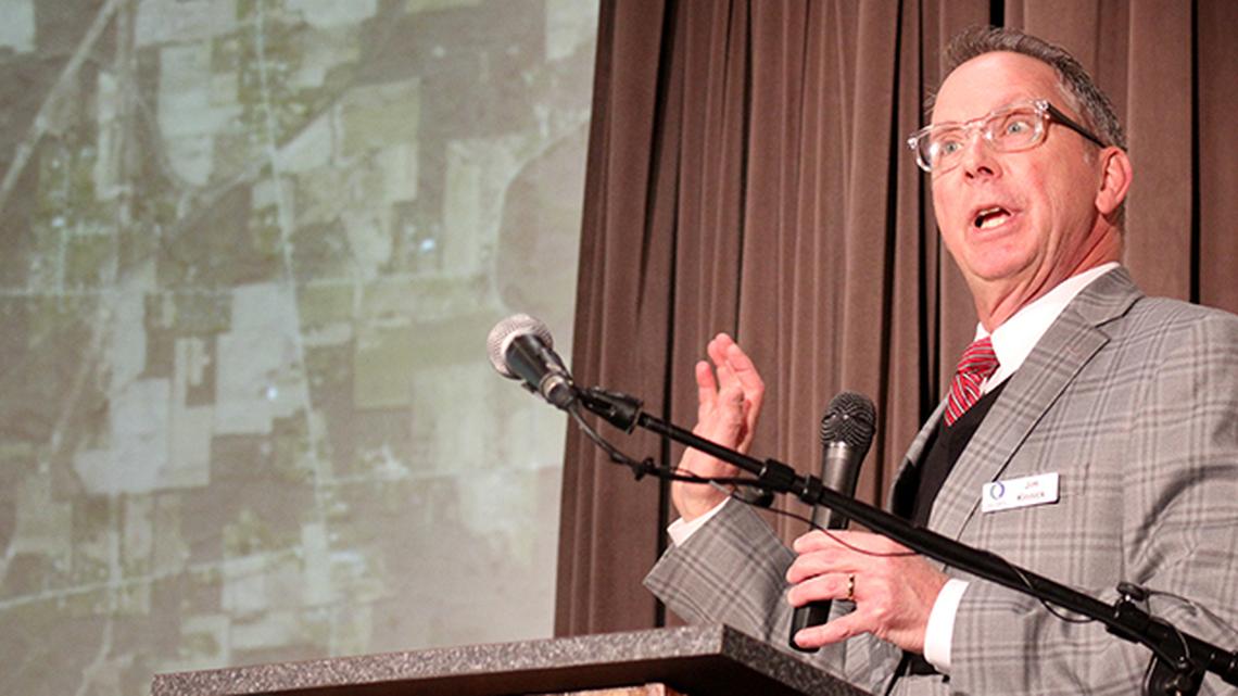 Jim Kinnick, Eastgate Regional Council of Governments executive director, addresses attendees at the Youngstown/Warren Regional Chamber's annual Good Morning Mahoning County! breakfast on Friday, Feb. 26, 2021, at Stambaugh Auditorium. (Justin Dennis | Mahoning Matters)