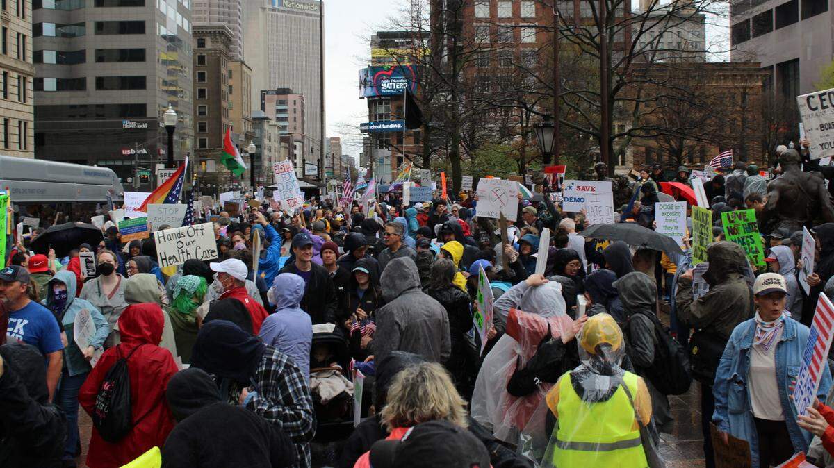 The “Hands Off” protest at the Ohio Statehouse in downtown Columbus.