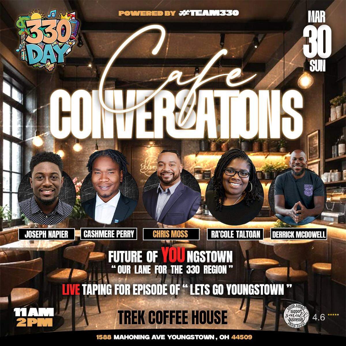 From 11 a.m. - 2 p.m. on March 30, visit TREK Coffee in Youngstown for 330DAY’s “Future of YOU” coffee shop talk.
