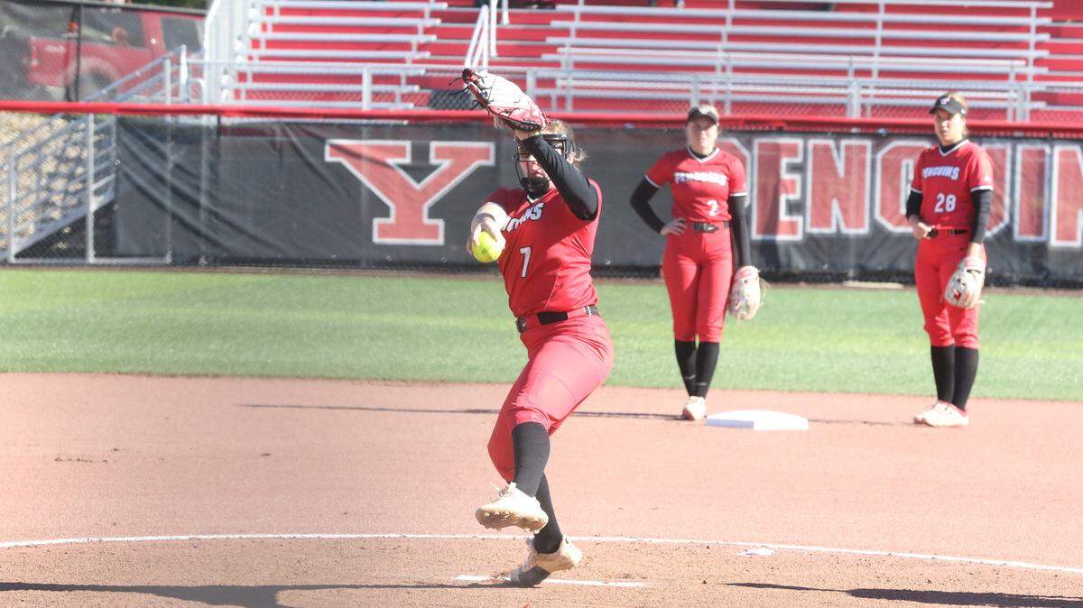 Madison Griffin winds up to throw a pitch for Youngstown State.
