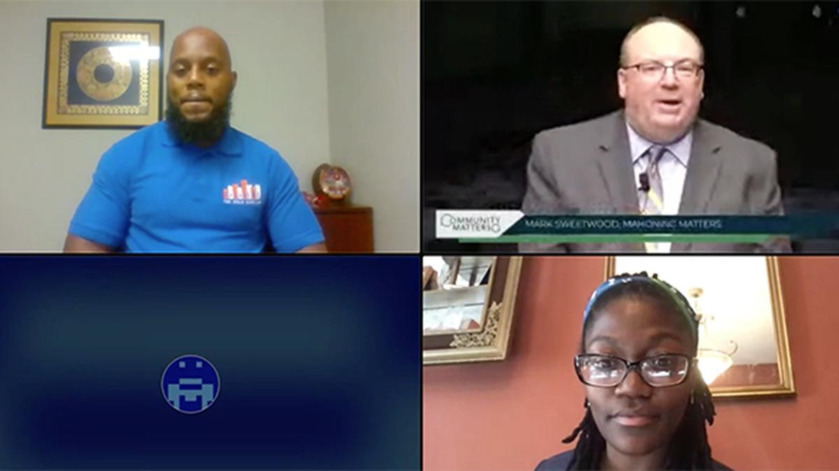 Panelists discuss issues surrounding systemic racism during Mahoning Matters' community forum, "Racism as a Public Health Crisis in the Valley," hosted virtually at Stambaugh Auditorium on Tuesday, Aug. 11, 2020. Clockwise, from top-left: Bryant Youngblood, assistant director of the Academy for Urban Scholars in Youngstown; Mahoning Matters Editor Mark Sweetwood; and Youngstown City Council member Samantha Turner.