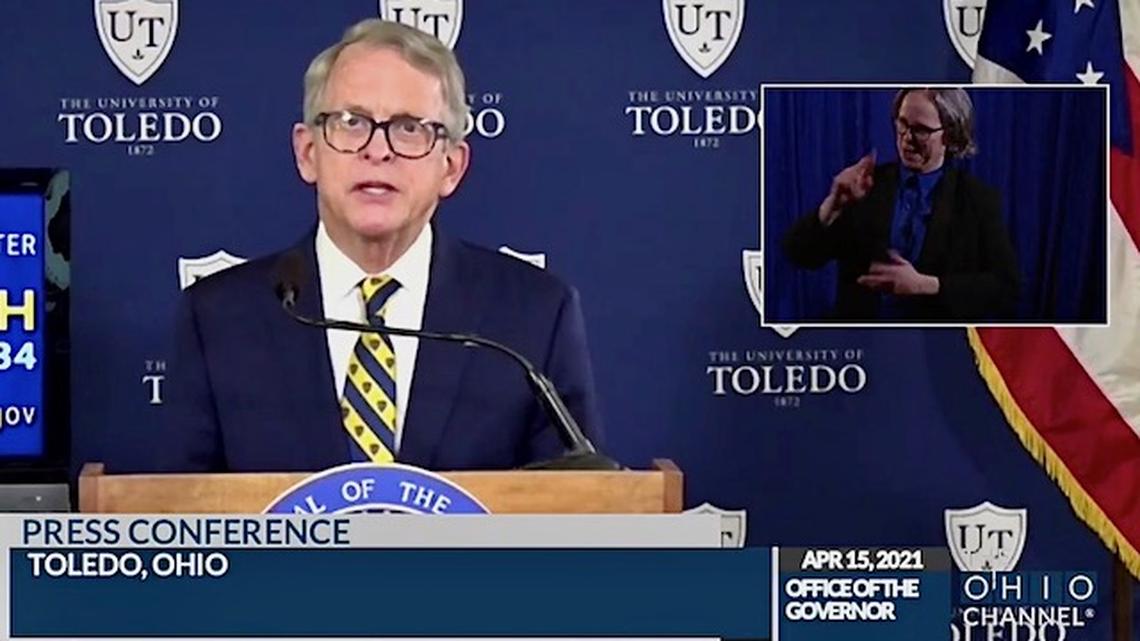 Gov. Mike DeWine during the state's coronavirus update on Thursday, April 15, 2021.