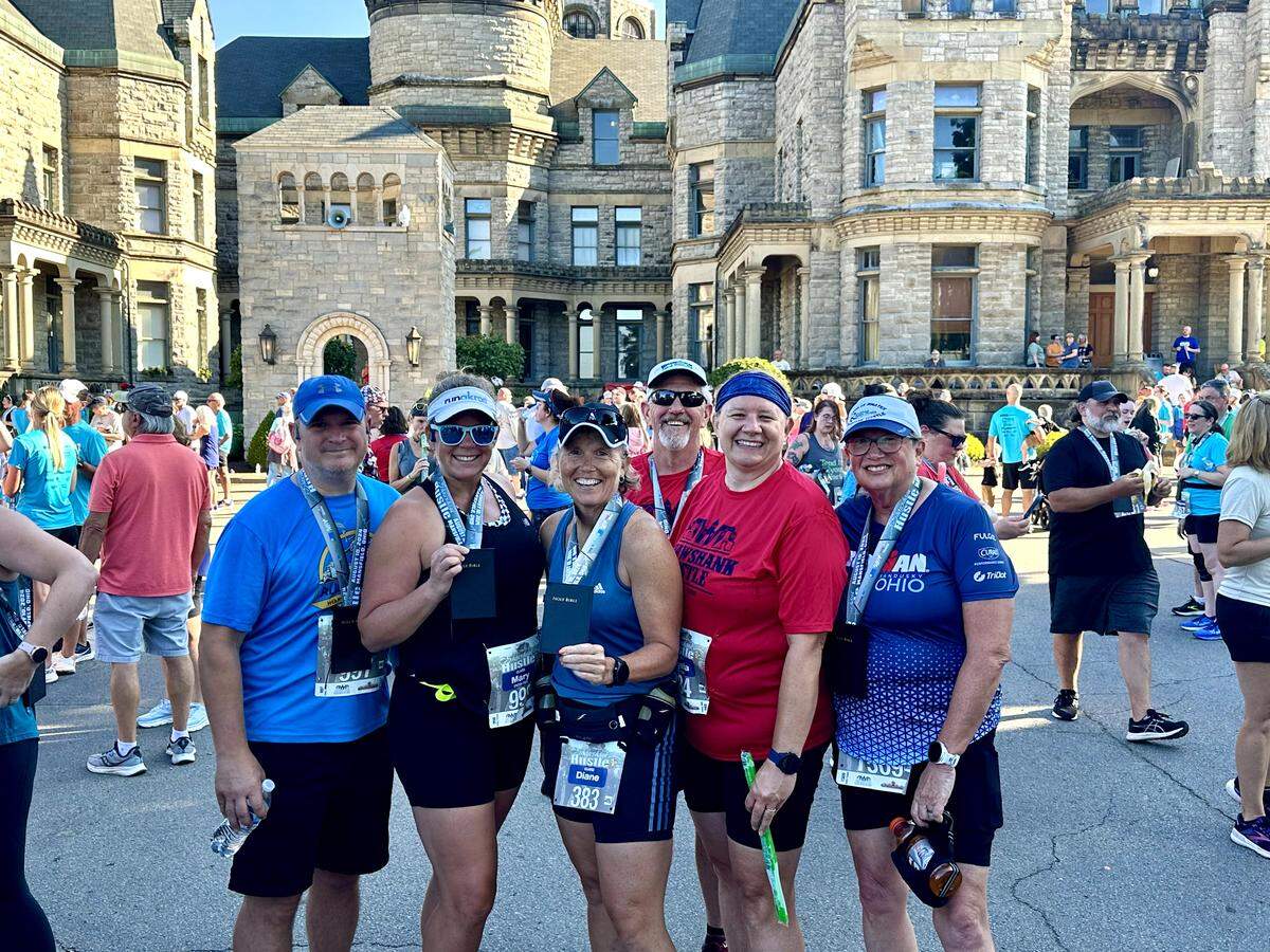 Steel Valley Triathlon Club president Kim Ruble (far right) with running group at Shawshank Hustle in Mansfield.