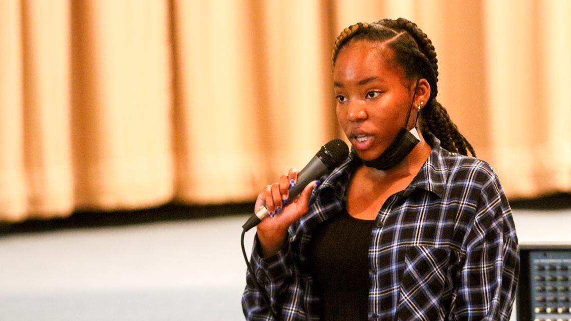 Trinity Walker, 15, a Warren G. Harding High School sophomore, speaks during a Trumbull NAACP-sponsored event about&nbsp;gun violence on Sunday, July 10, 2022, in Warren.