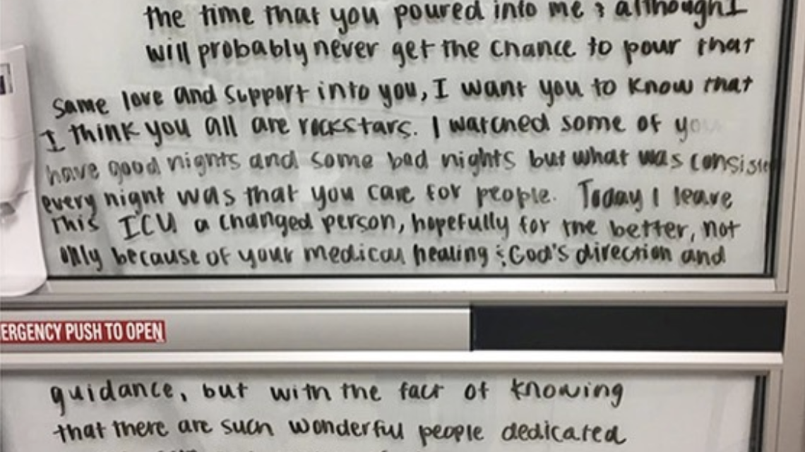 A COVID-19 patient at the Cleveland Clinic left this message for his heath care team after moving out of intensive care. Photo/Cleveland Clinic