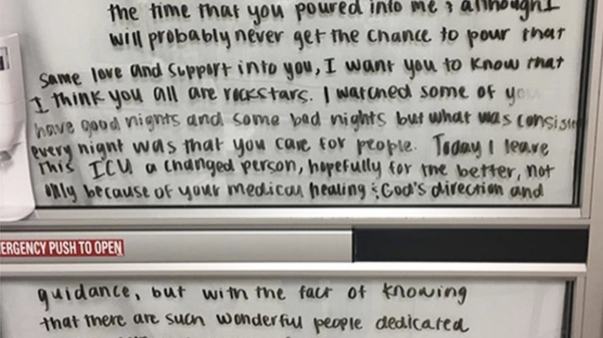 A COVID-19 patient at the Cleveland Clinic left this message for his heath care team after moving out of intensive care. Photo/Cleveland Clinic