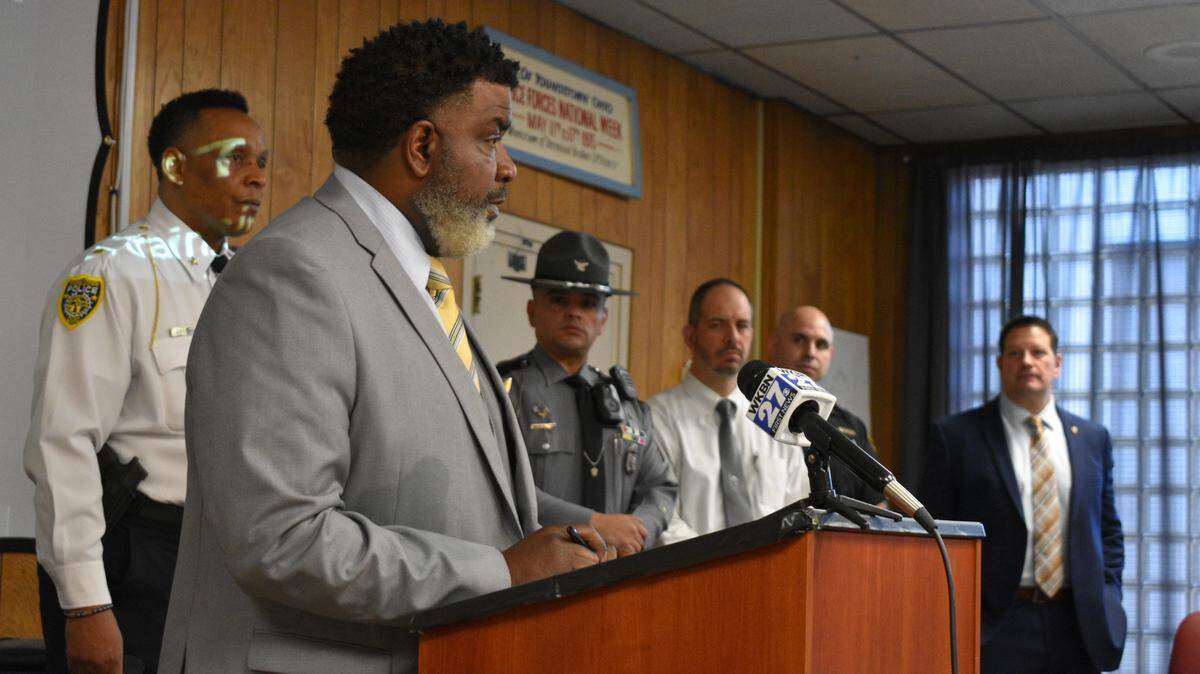 Youngstown Mayor Tito Brown speaks during a press conference Thursday morning at the Youngstown Police Department.