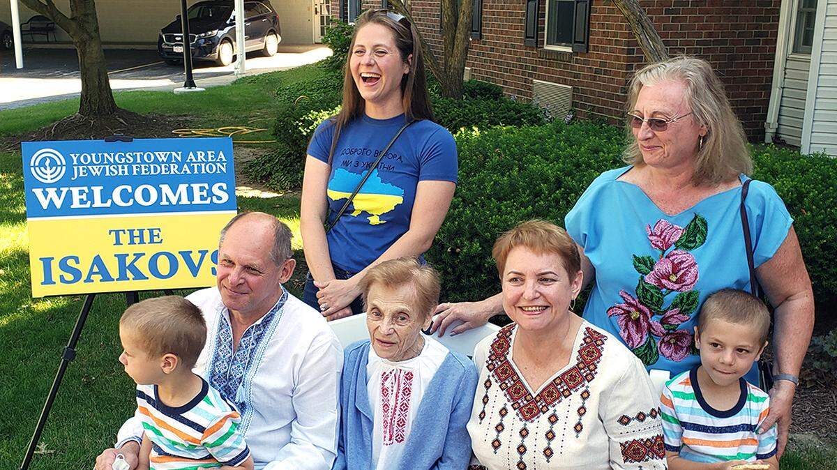 The Youngstown Area Jewish Federation on Tuesday, June 21, 2022, welcomed the Isakov family of Khmelnytskyi, Ukraine, some of the nearly 9,500 Ukrainian refugees granted humanitarian parole to live in the U.S. as of June 10 under the Department of Homeland Security’s Uniting for Ukraine program. Sitting are Sergey Isakov, 60; his mother, Klara Isakova, 85; and Sergey’s wife, Iryna Isakova, 60. Standing are Sergey’s sister Zina Lerman, right, who immigrated to the U.S. in 1992, and her daughter, Tamara Lerman Minerd. Also sitting in front are Tamara’s sons, Graydon, 3, left, and Nolan, 5.