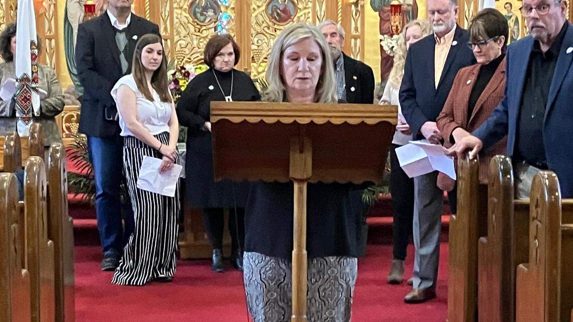 Diane Laney Fitzpatrick talks during the Youngstown Press Club’s commemoration of World Press Freedom Day at St. Peter and St. Paul Ukrainian Orthodox Church in Youngstown.