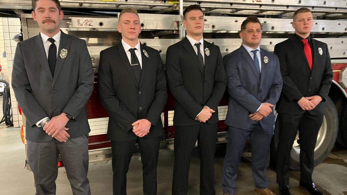 New Youngstown firefighters include, from left, Zachary Hagerty of Poland, Joseph Koziel of Youngstown, Frank Bero of Springfield, Les Horvath of North Jackson and Jackson Iceman of Girard.