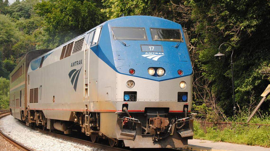 An Amtrak train heads to its destination.