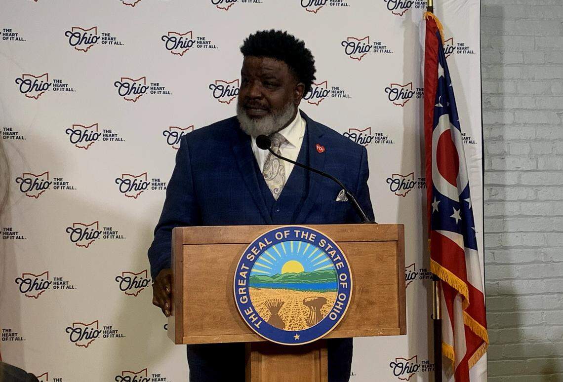 Gov. Mike DeWine and Lt. Gov. Jim Tressel held a press conference Feb. 27 at America Makes alongside local representatives and officials like Mayor Jamael Tito Brown.