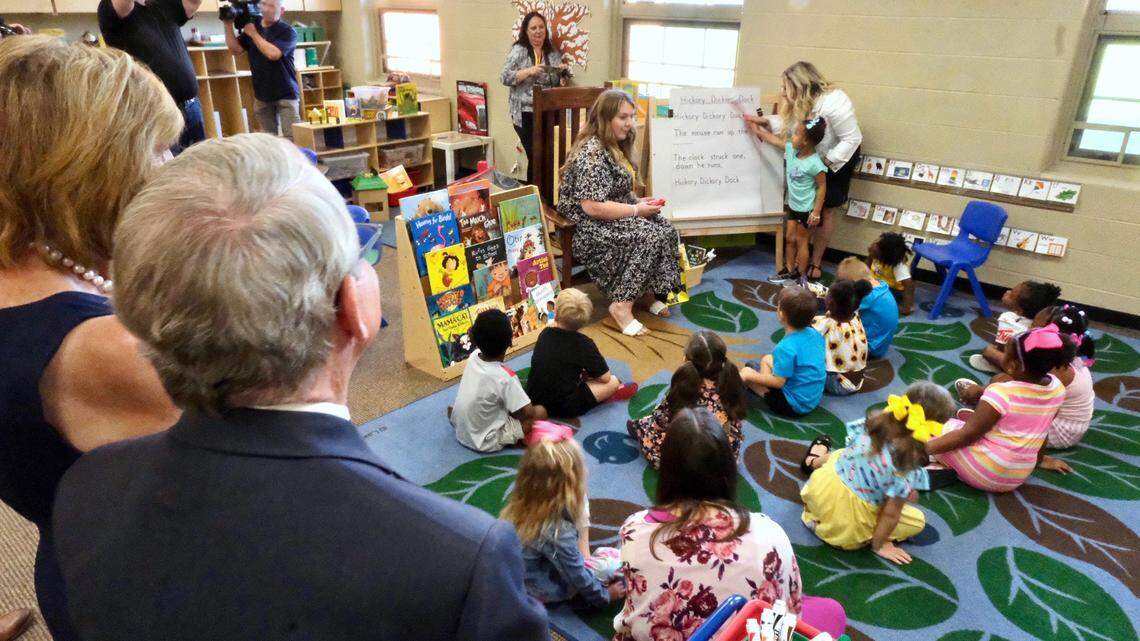 Ohio Governor Mike DeWine visits a Warren G. Harding school on Friday.