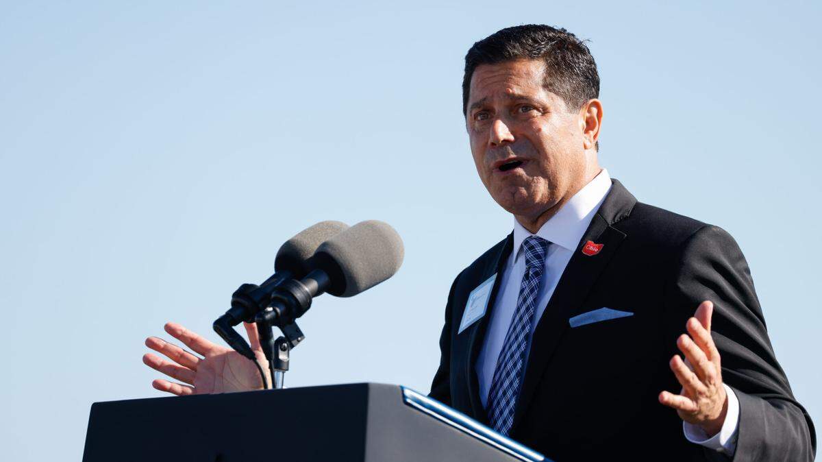President and CEO of JobsOhio J.P. Nauseef speaks at a groundbreaking ceremony for Intel’s new semiconductor manufacturing site, September 9, 2022, in Licking County, Ohio.