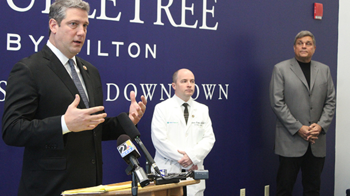 U.S Rep. Tim Ryan of Howland, D-13th, left, was joined by Dr. James Kravec, Mercy Health chief clinical officer, and Ed Muransky, CEO of The Surgical Hospital at Southwoods for a Thursday morning update on the area's coronavirus response at the Covelli Centre. (Photo by Justin Dennis | Mahoning Matters)